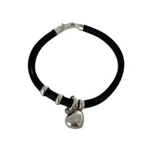 950 Sterling Silver Black Leather Bracelet Heart